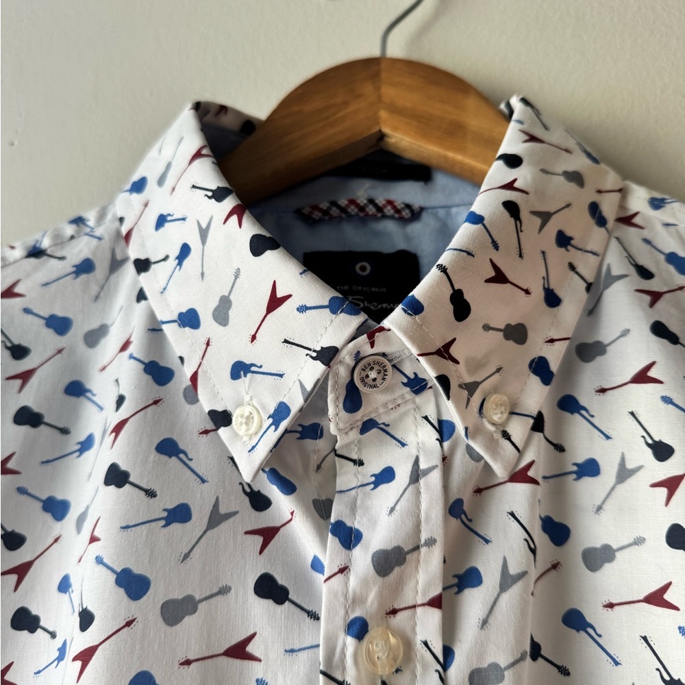 Ben Sherman White Casual Button Down Shirt with Red, Gray, & Blue Guitar Pattern